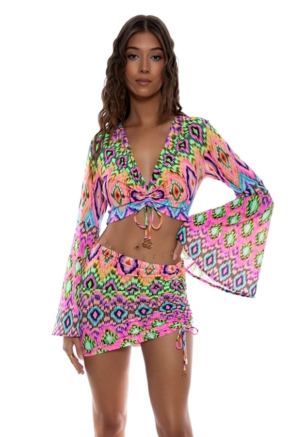 Luli Fama Miami Sorbet Bell Sleeve Scrunched Crop Top